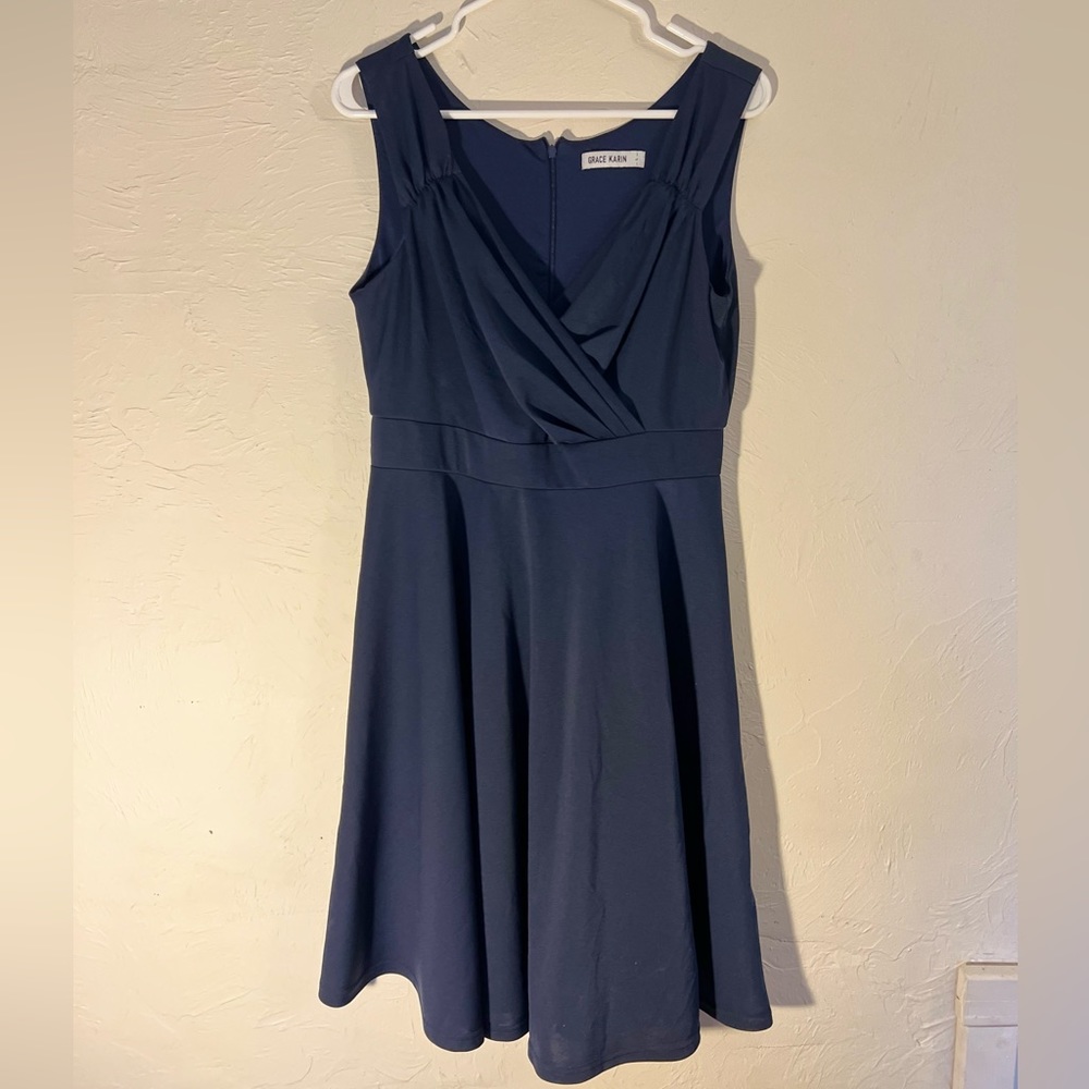 Navy blue A-line flowy knee length dress, size L